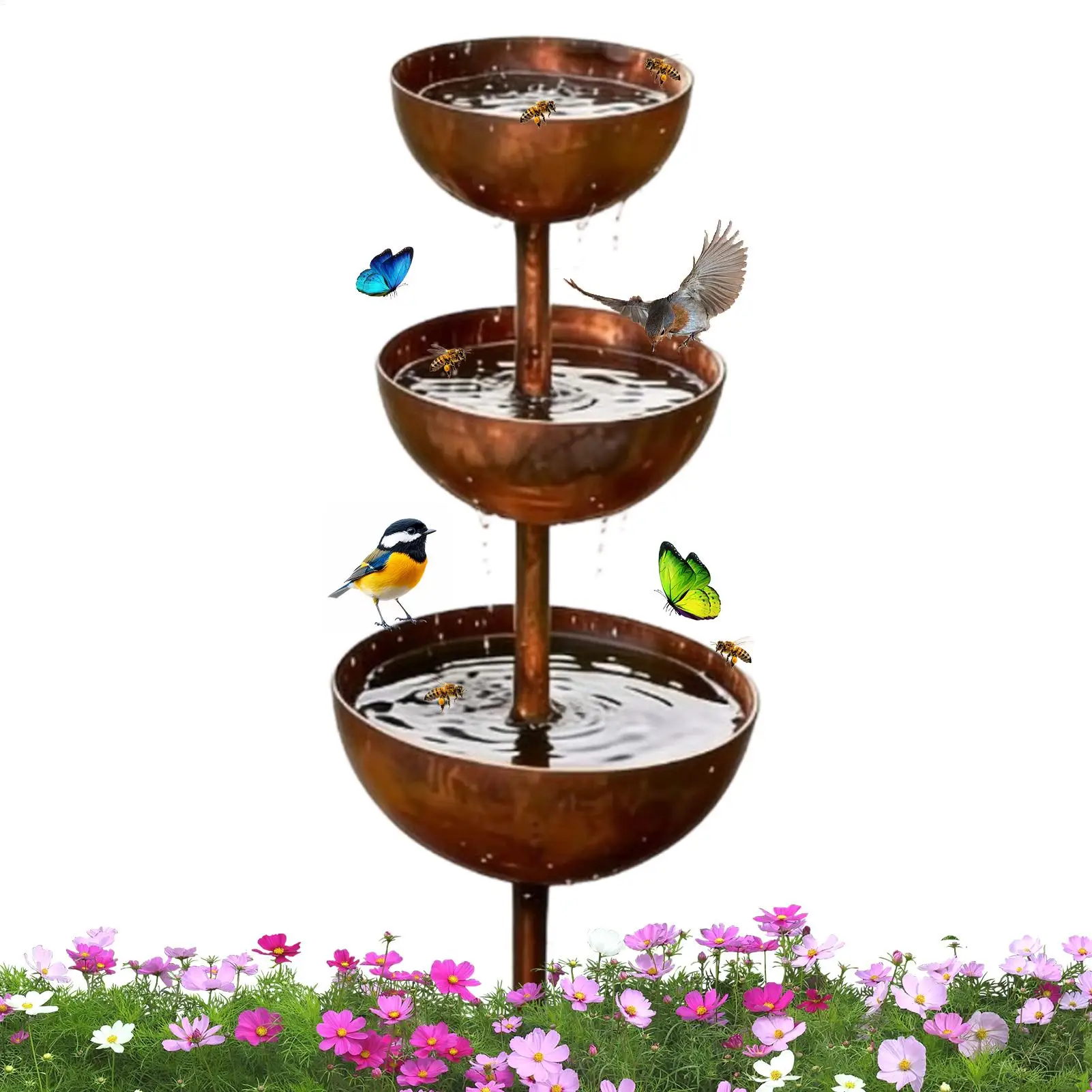 3-Tier Rain Gauge & Bird Feeder Decorative Weather-Resistant Stake 2-in-1 Water Collector for Garden Patio Backyard Poolside