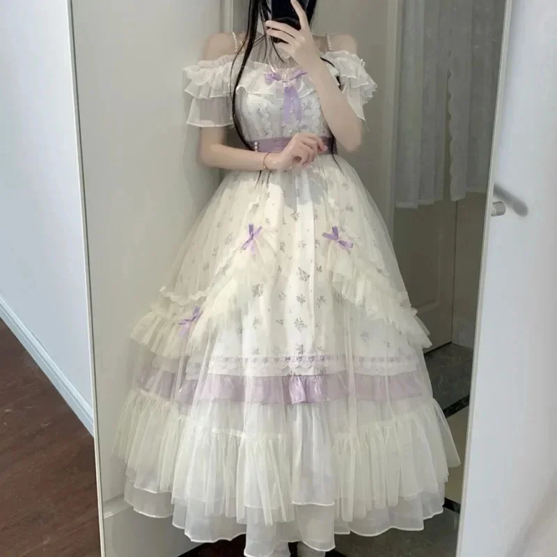 Vestidos de bolo de arco y2k jk gótico lolita vestidos kawaii em camadas pulôver verde roxo renda oco para fora vestido de manga longa novo