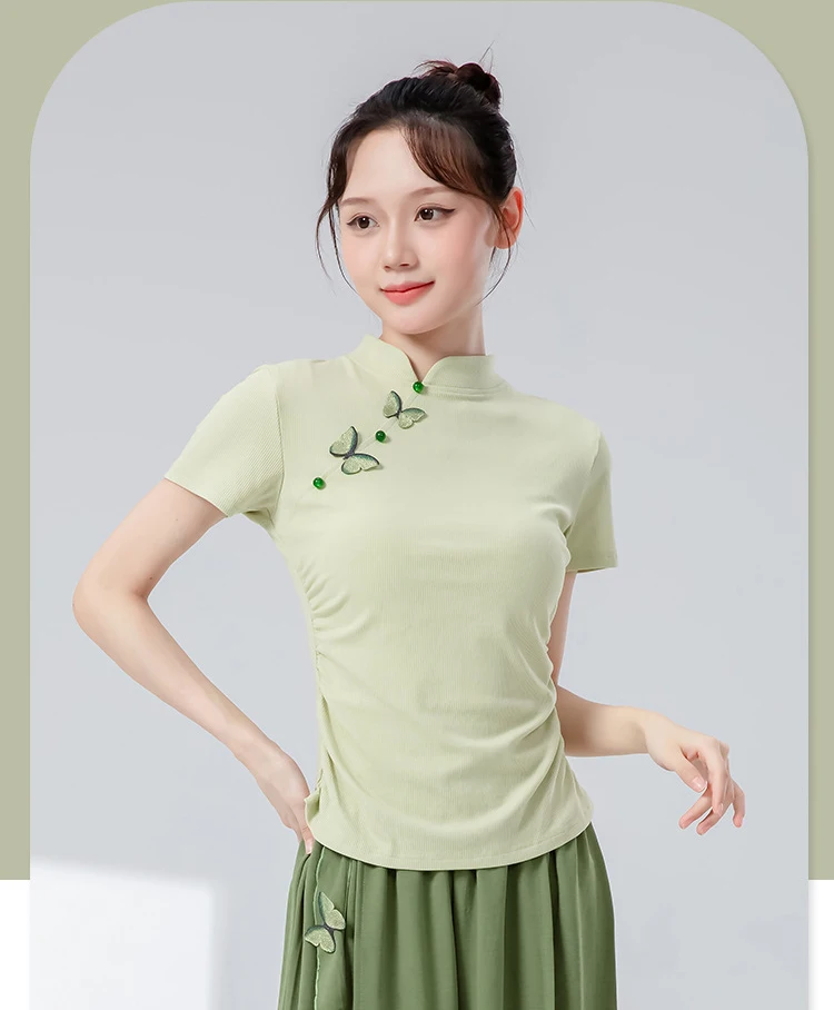 

Классическая танцевальная блузка для женщин с воротником-ципао, ретро-футболка на пуговицах в китайском стиле, элегантная облегающая современная одежда для занятий танцами