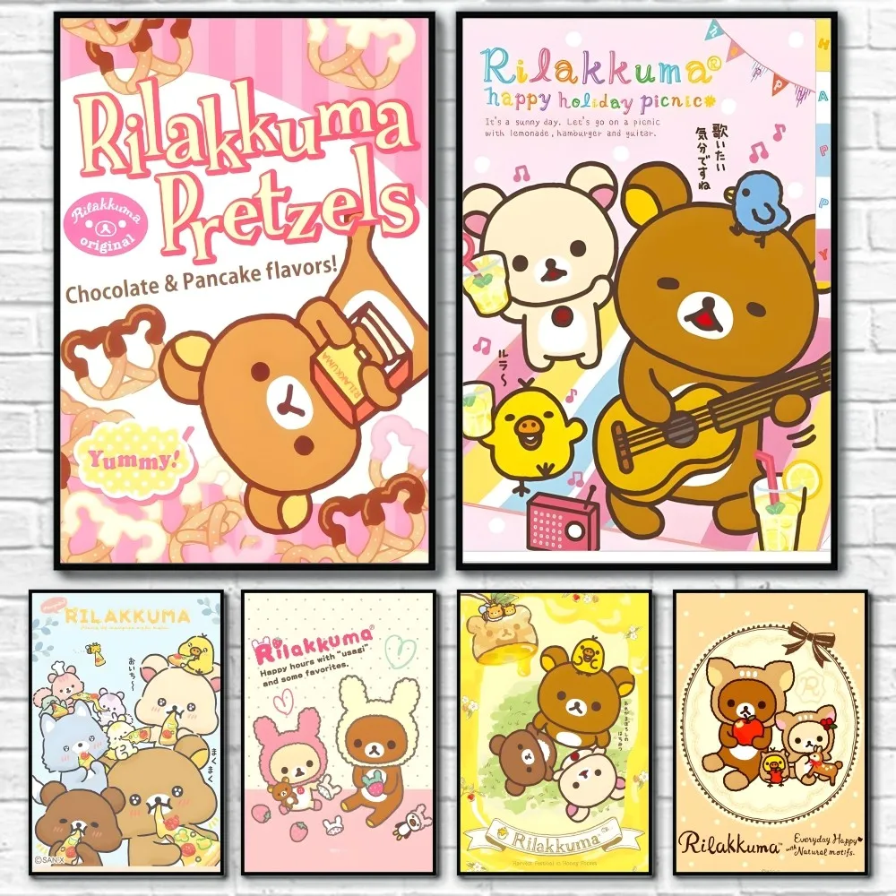 Japan Anime R-Rilakkuma Cute Cartoon Bear Poster Sticky Wall Art Printing Waterproof Home Living Bed Room Bar Aesthetic Decor