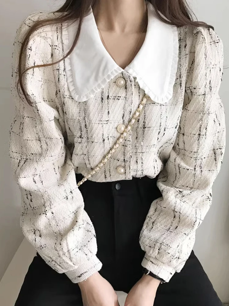 

Retro Doll Collar Splice Design Light Long Sve irt Jaet Women's Thin Sle Autumn Top Korean Version Bubble Sve