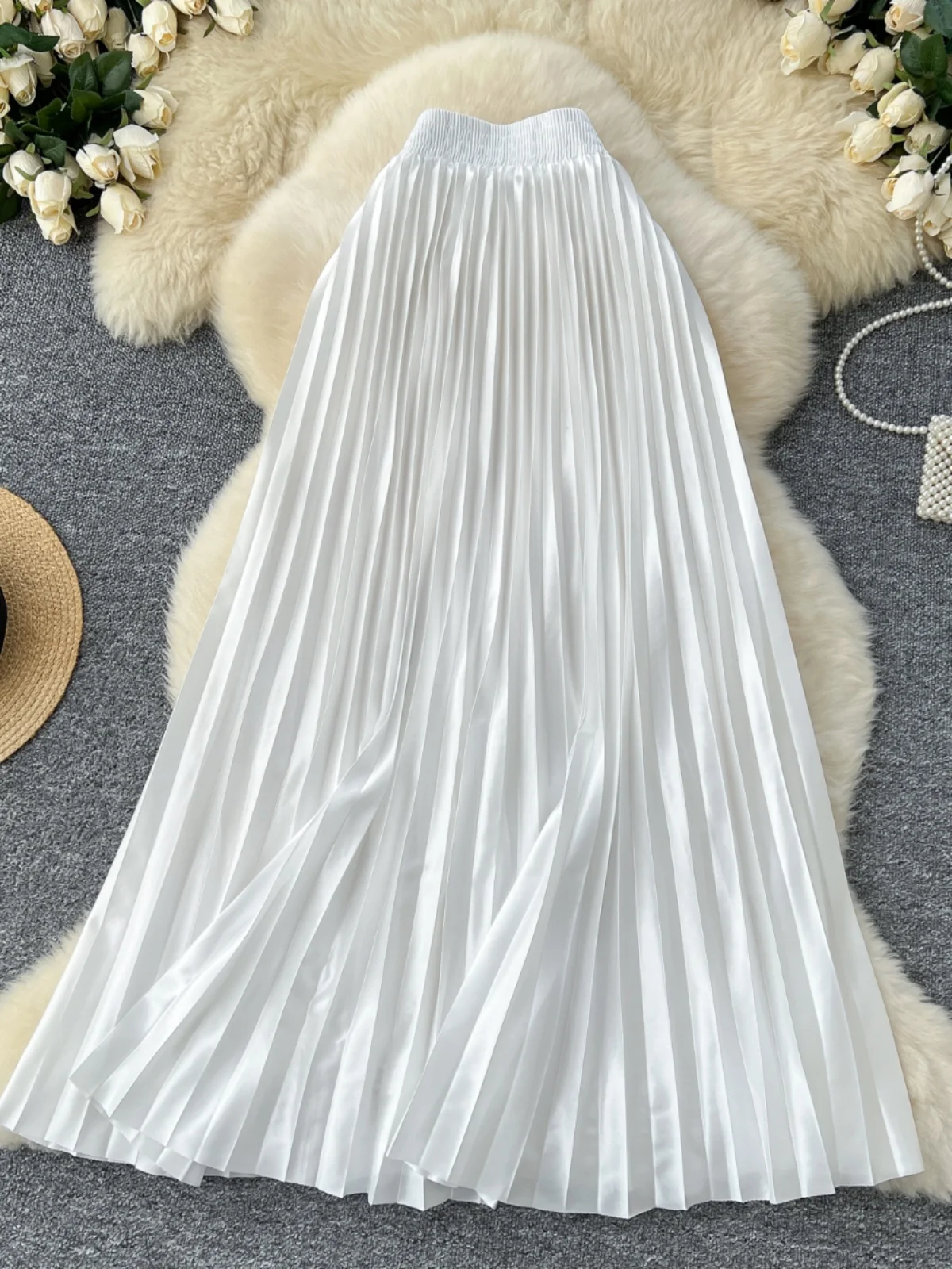 Elegant A-Line Midi Skirt for Women in Metal Color Pleated Fashionable High Waist Polyester Fiber City Commute Standard Fit