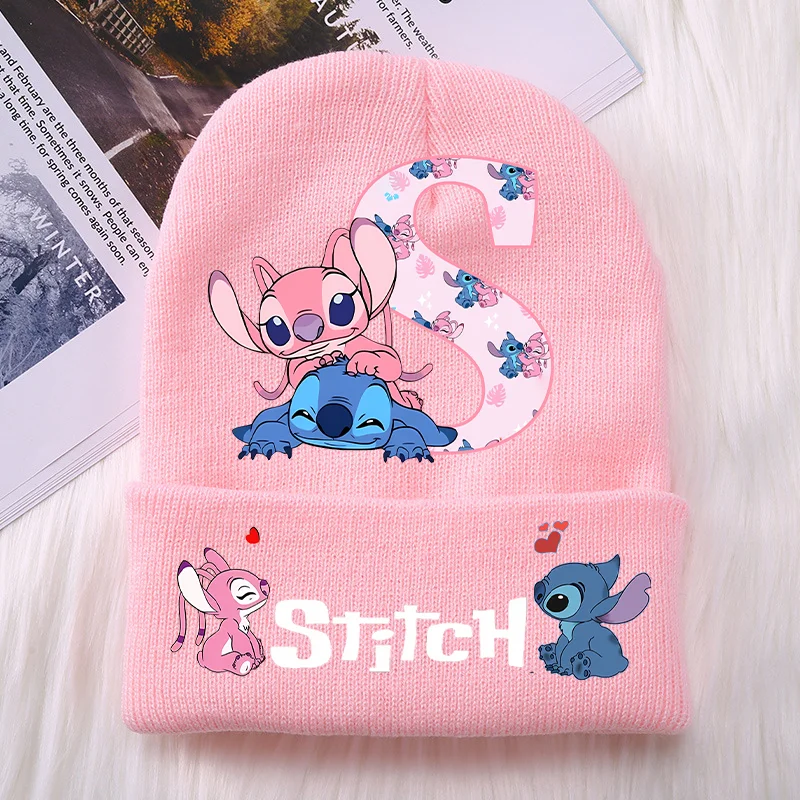 Stitch Angel Girls Knitted Caps Baby Hat Kawaii Cartoon Letter A-Z Printed Beanie Kids Winter Warm Accessories Christmas Gifts