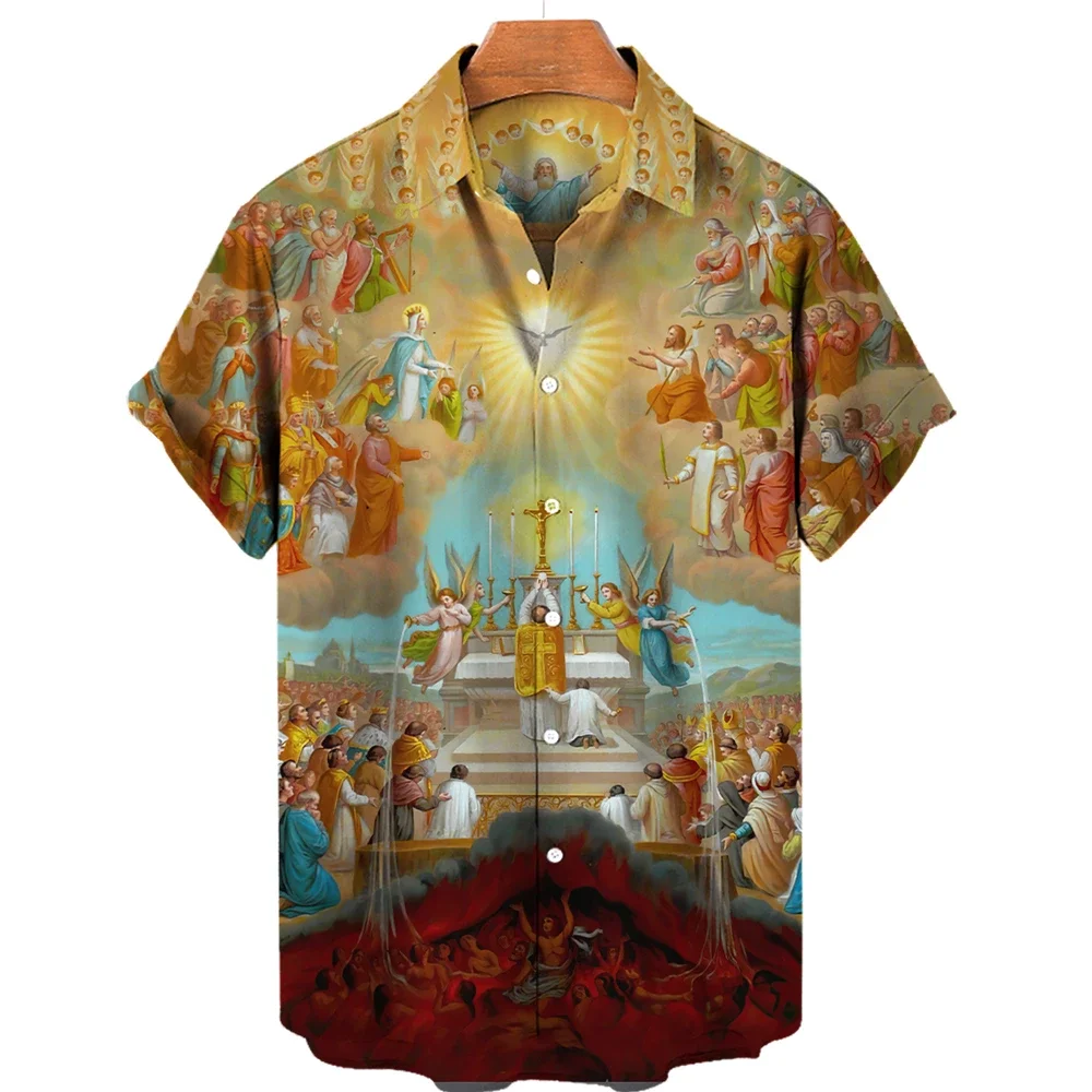 พระเจ้า Jesus Mary เสื้อฮาวายสำหรับผู้ชายถูกตรึงกางเขนศาสนา3D พิมพ์ลายฮาราจูกุแขนลำลองขาสั้นโอเวอร์ซิดเสื้อคลุมเขตร้อน