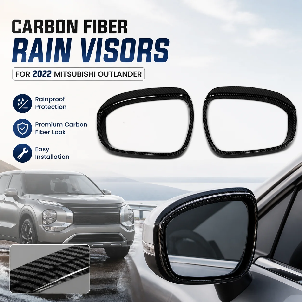 2x Carbon Fiber Rain Visors for 2022 Mitsubishi Outlander Side Mirror