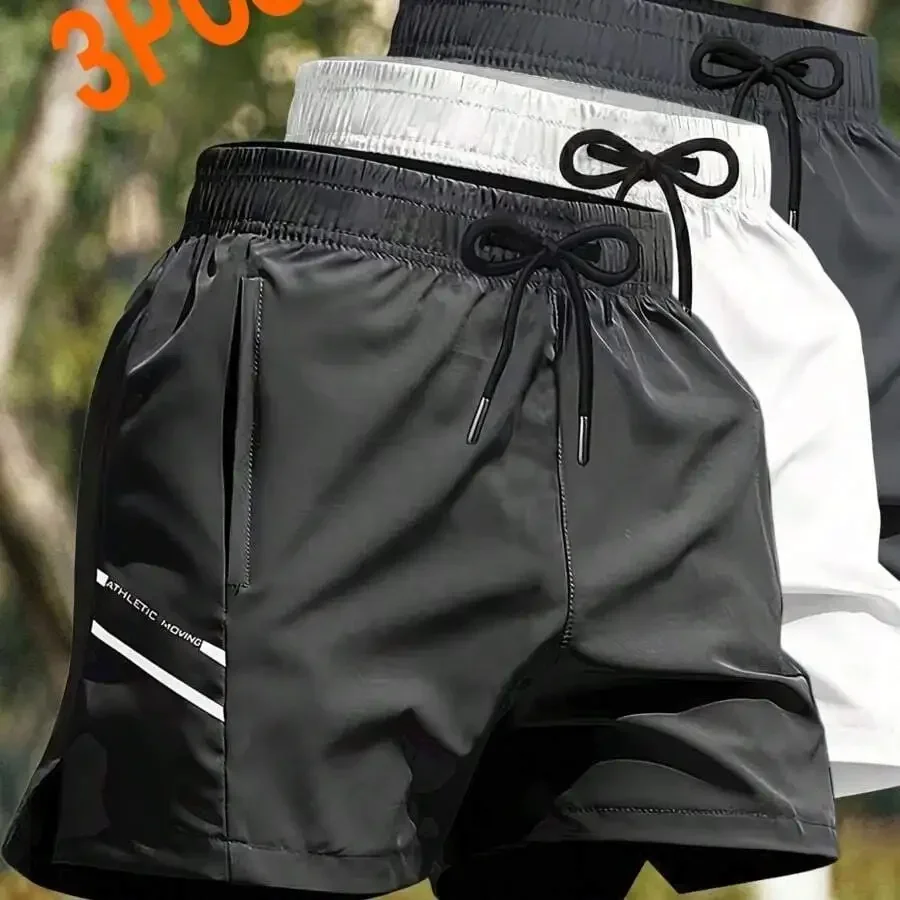 

3pcs Mens Quick-Dry Ice Silk Athletic Shorts With Drawstring Waist And Pockets