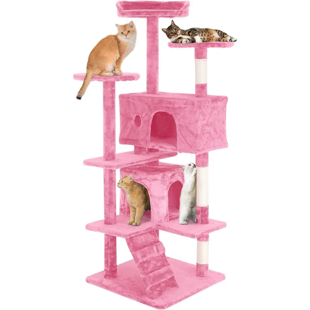 

54 Pink Multi-Level Cat Tower with Scratching Post, Jumping Platform, and Furry Ball Toys