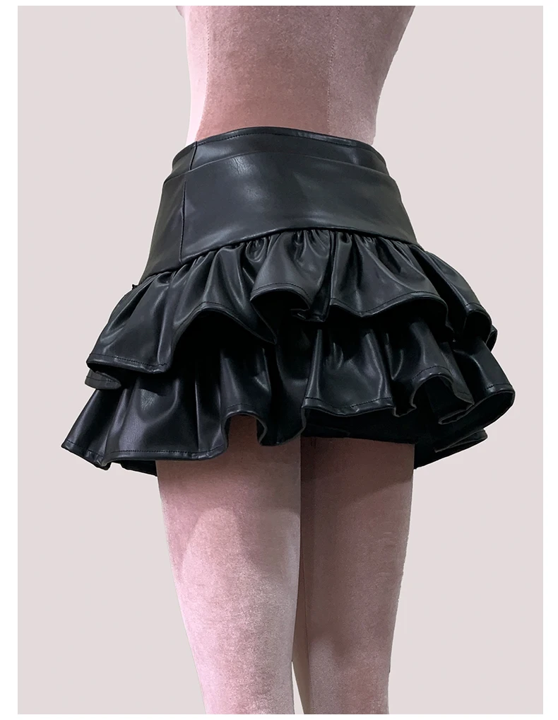 Nerazzurri Summer Autumn Soft Black Pu Leather Mini Tiered Pleated Skirt Women Lace Up Short Luxury Designer Punk Style Clothes