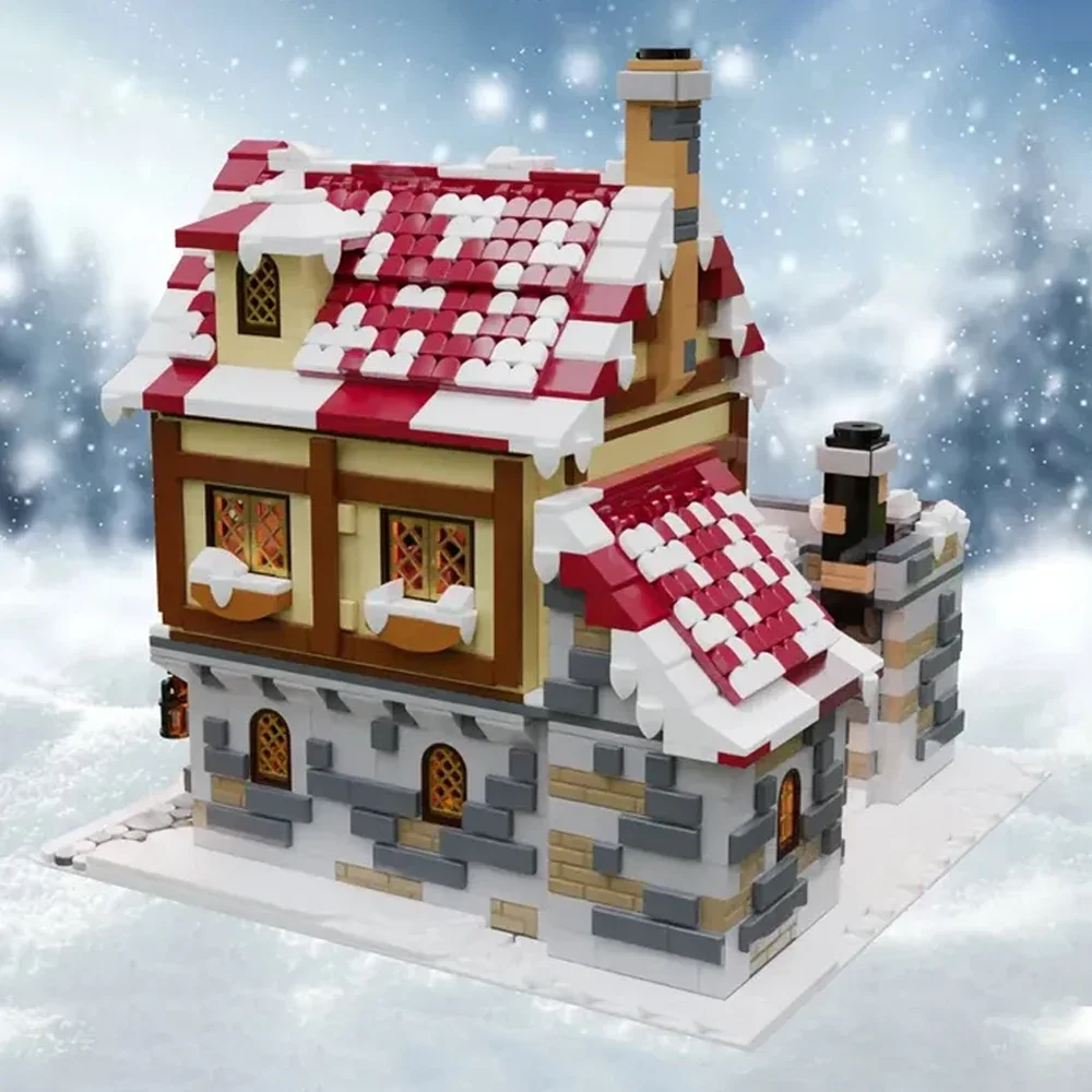 MOC Medieval Winter Village Street View Architecture Store Model Winter Snow Tavern Building Block Set DIY Kids Puzzle Toys Gift