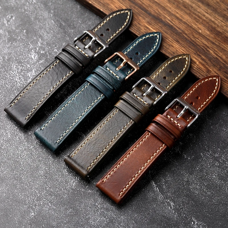 Handmade First Layer Cowhide Leather Watchband 18 19 20 22 24MM Glossy Oil Wax Leather Blue Brown Men Watch Bracelet Vintage