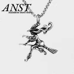 316L Stainless Steel Witch On Broomstick Halloween Charm Pendants For Jewelry Making Magician Pendants Charm Wizard Couple Gift