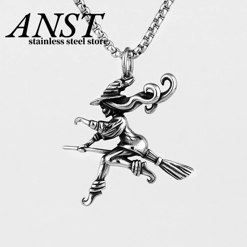 316L Stainless Steel Witch On Broomstick Halloween Charm Pendants For Jewelry Making Magician Pendants Charm Wizard Couple Gift