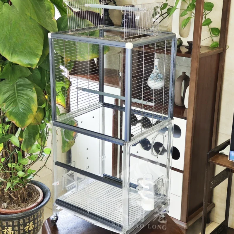 

Large space parrot cage 304 stainless steel tempered glass ornamental luxury double-layer bird villa, panoramic glass bird cage