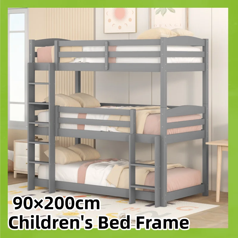 90x200cm, Kinder bett rahmen, Dreifach-Etagen bett rahmen, Massivholz bett, mit Lattenrost und Absturz sicherung, Einzel bett rahmen, grau