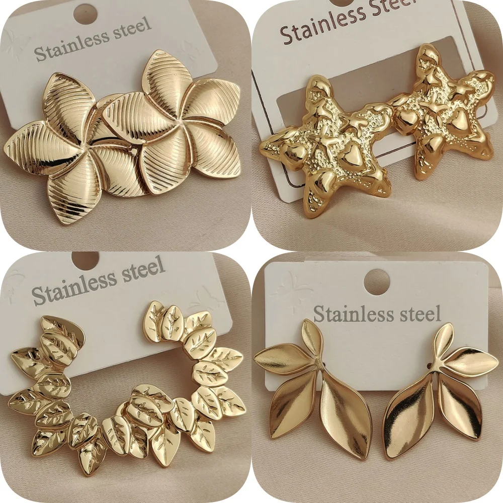 Creative heavy metal leaf starfish stainless steel earrings, waterproof and rusty earrings for women, party jewelry