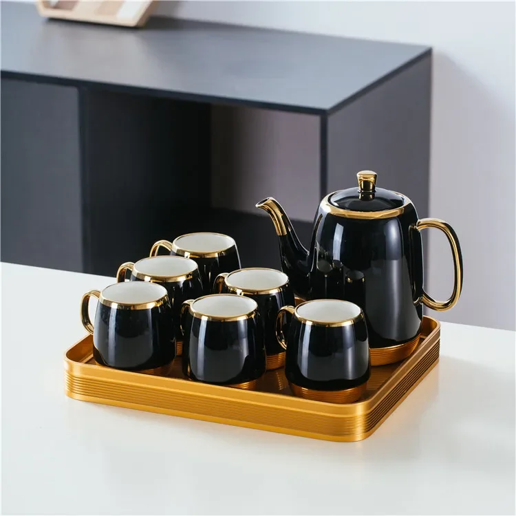 Customized gift box packing 6pcs coffee cup sets black gold restaurant royal white ceramic arabic tea set with pot and tray