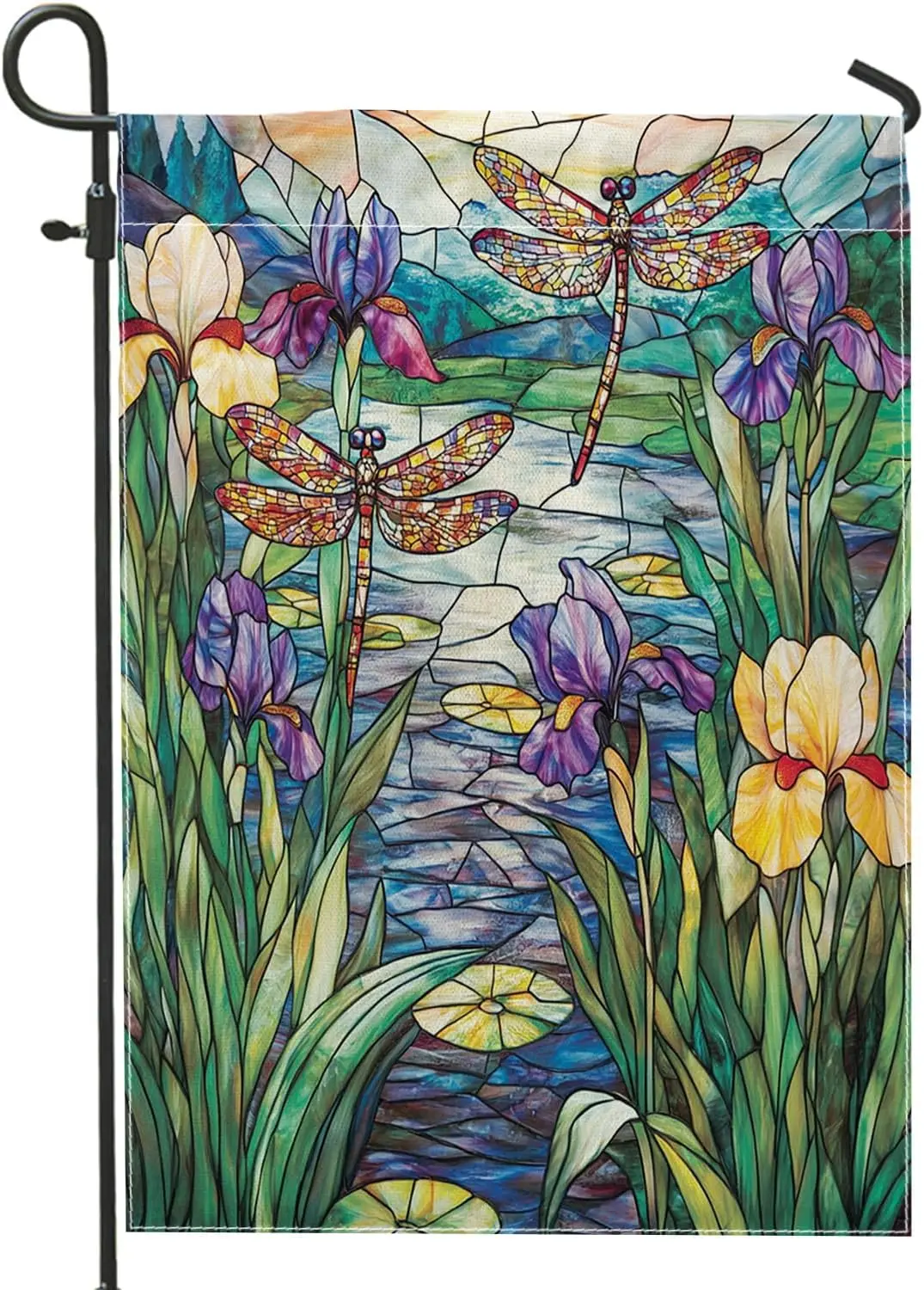 Stained Glass Dragonfly Garden Flags 12x18 Inch Double Sided for Outside, Spring Florals Flowers Standard Vertical Canvas Ho SSL