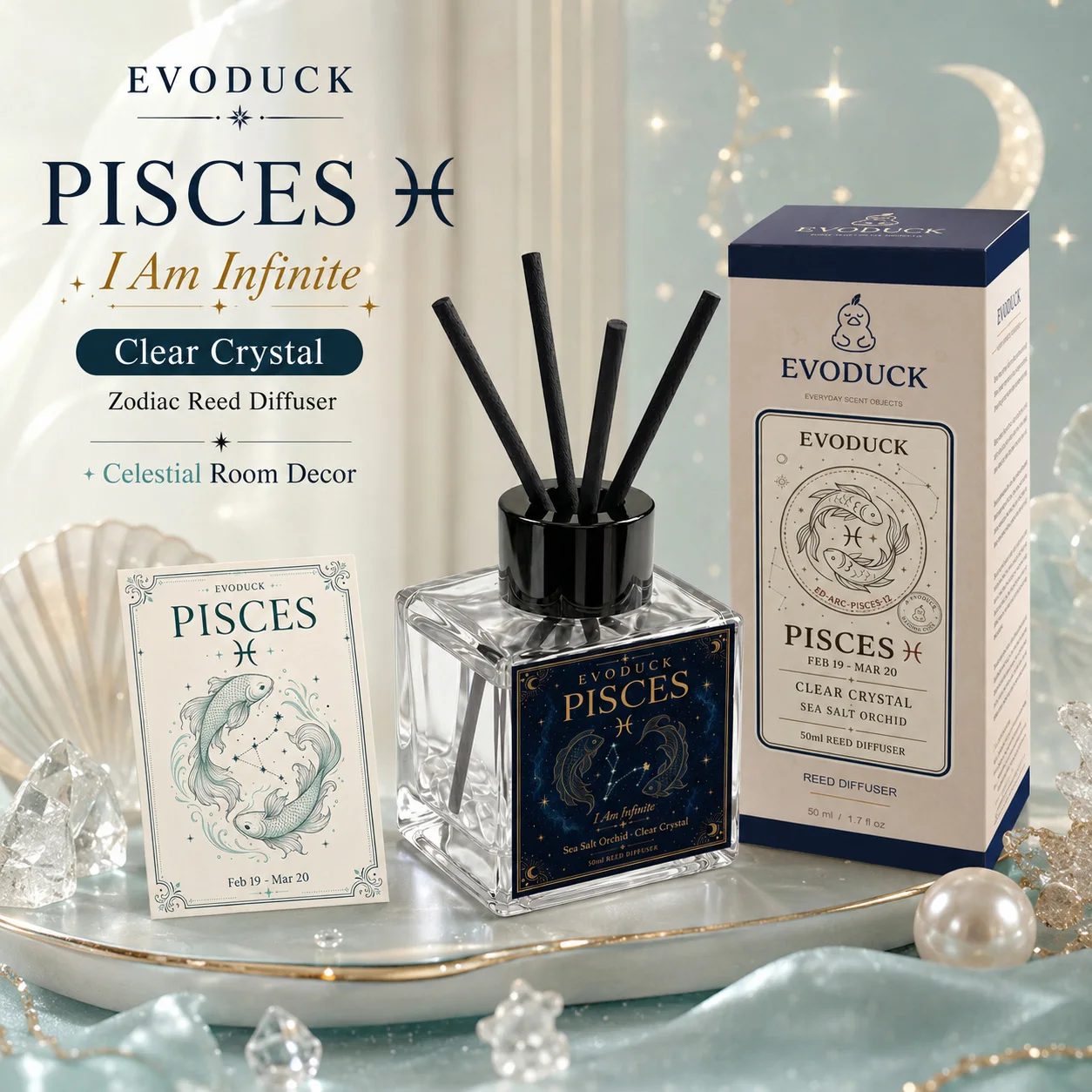 EVODUCK Pisces Zodiac Reed Diffuser 50ml With Clear Crystal, Sea Salt Orchid Scent, 4 Reeds Home Fragrance Birthday Gift Decor
