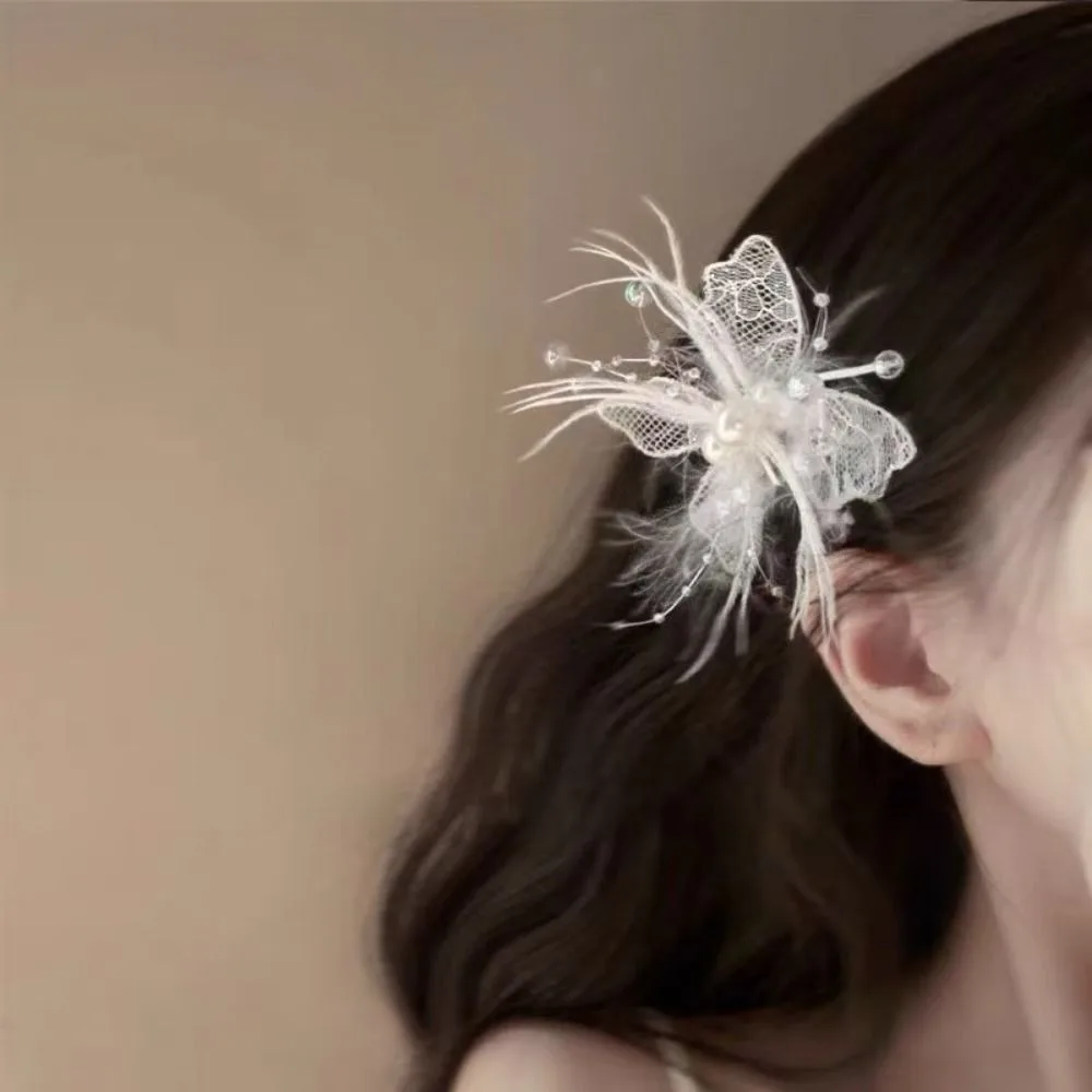 New Lace Butterfly Hair Clip Side Clip Styling Headwear Duckbill Clip Hair Accessories Pearl Feather Hairpin Women