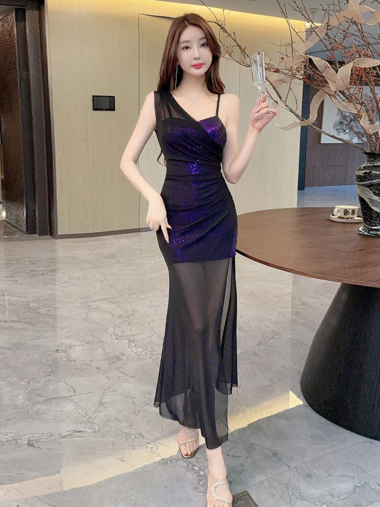 

Sexy Nightclub Spicy Girl Par Sequin Patchwork Netting Dr Ele Lady Waist Cinch See tough Split Formal Gown Skirt