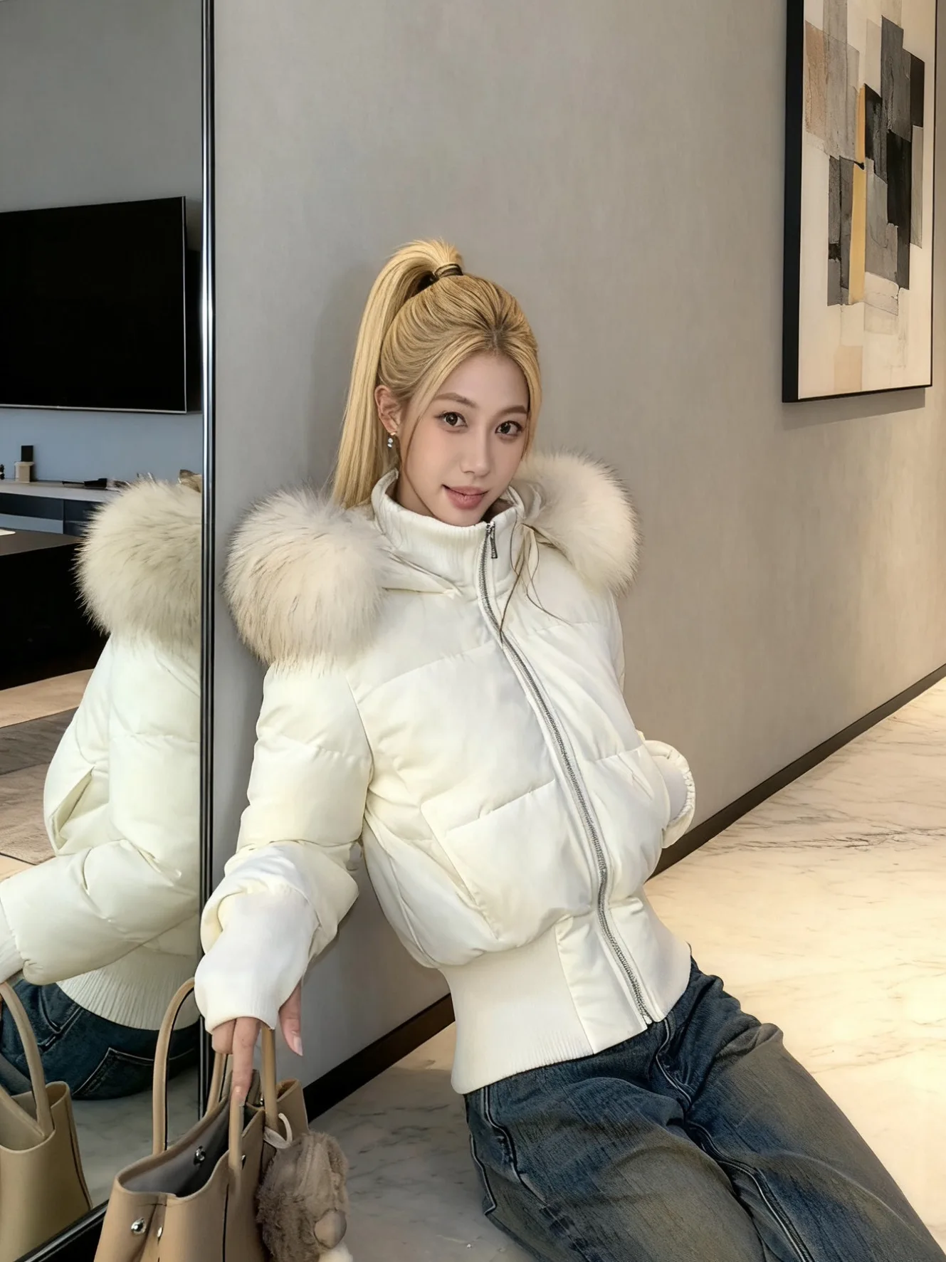 

Женская пуховая куртка с капюшоном 2025 года, новая зимняя, утепленная, пушистая, теплая, 90% белый пух, модный пуховик с большим меховым воротником