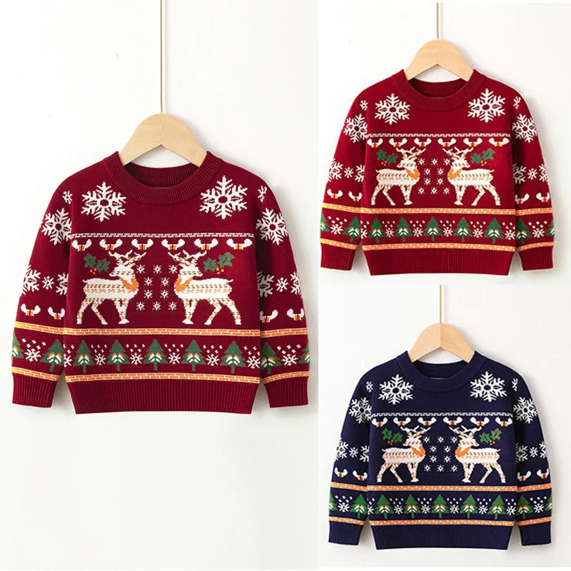 

Christmas Boys Girls Sweater 2-6Y Kids Cartoon Deer Knitted Jumper Children Autumn Winter Pullover Children Xmas Warm Coats