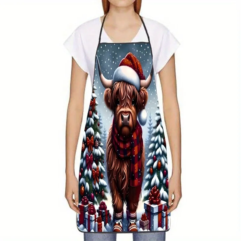 

Праздничный фартук хайлендской коровы, фартук для выпечки с шляпой Санта-Клауса и клетчатым шарфом, идеально подходит для праздничной кулинарии и выпечки, подарков для коровы
