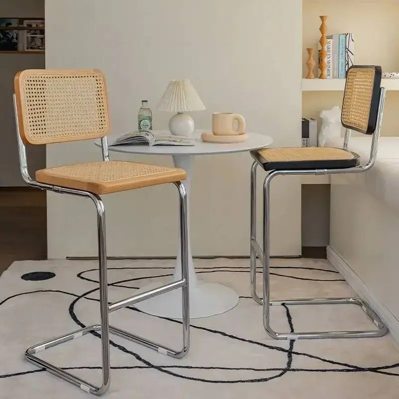 مقعد بار الروطان الحديث مع إطار معدني كرسي طاولة بتصميم بسيط لغرفة المعيشة في جزيرة المطبخ #3