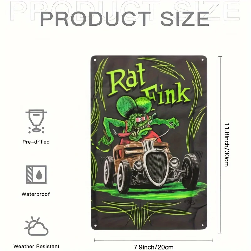 Vintage Rat Fink Iron Sign Classic Hot Rod Character Wall Art for Bar, Garage Pre-Drilled Wall Hanging Metal Plaque