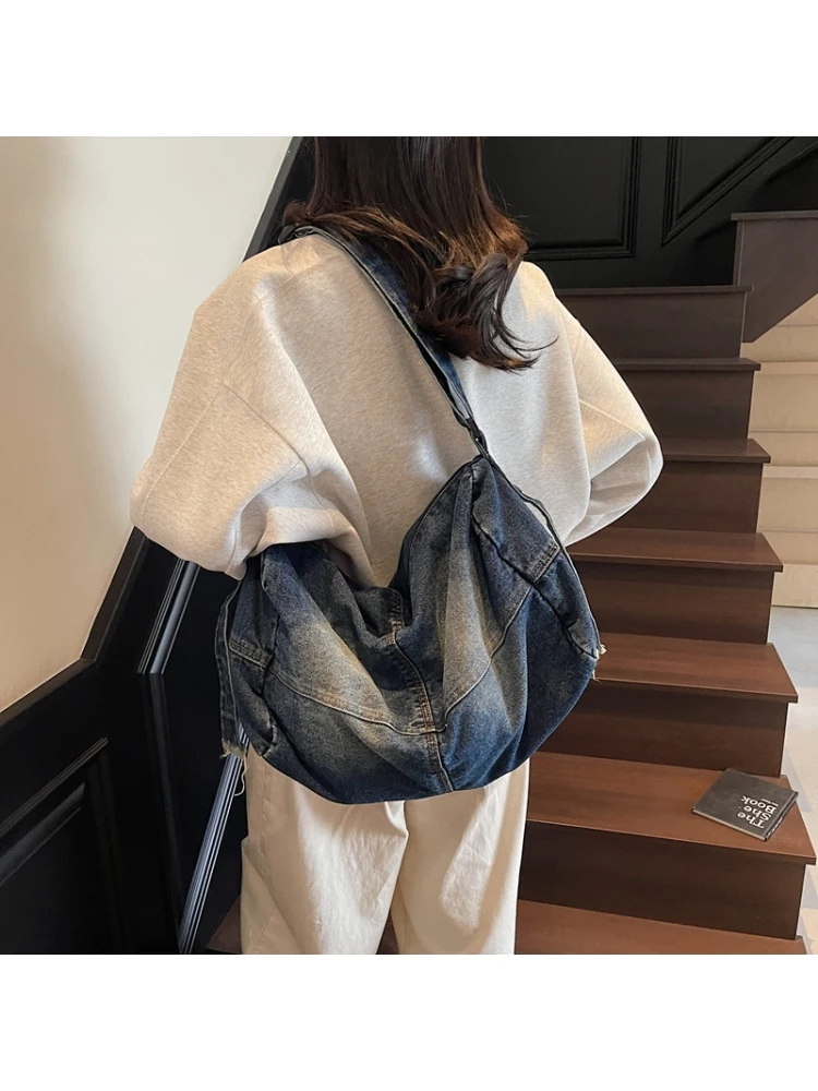 Retro Washed Large Capacity Slant Crossbody Bag Denim Single Shoulder Bag for Class Versatile Japanese Style Messenger Bag