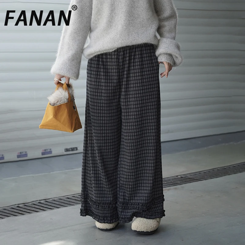 

FANAN Thick Warm Plaid Contrast Color Pants For Women Elastic High Waist Straight Trousers Vintage Clothing Fashion Winter New