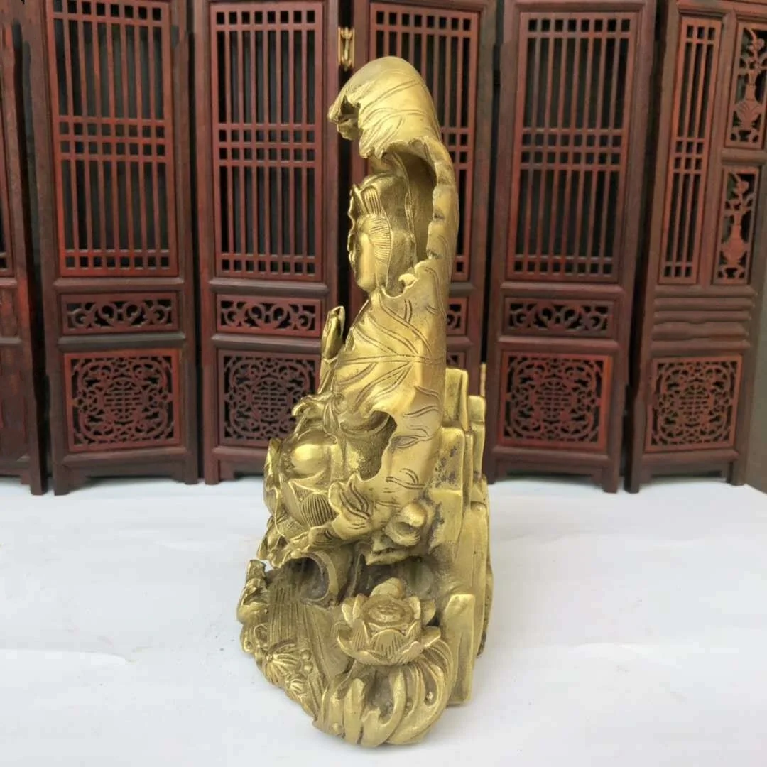 Chinese Collection Nice Art Work Bronze Copper Statue Hand Carved Lotus Kwanyin Guanyin
