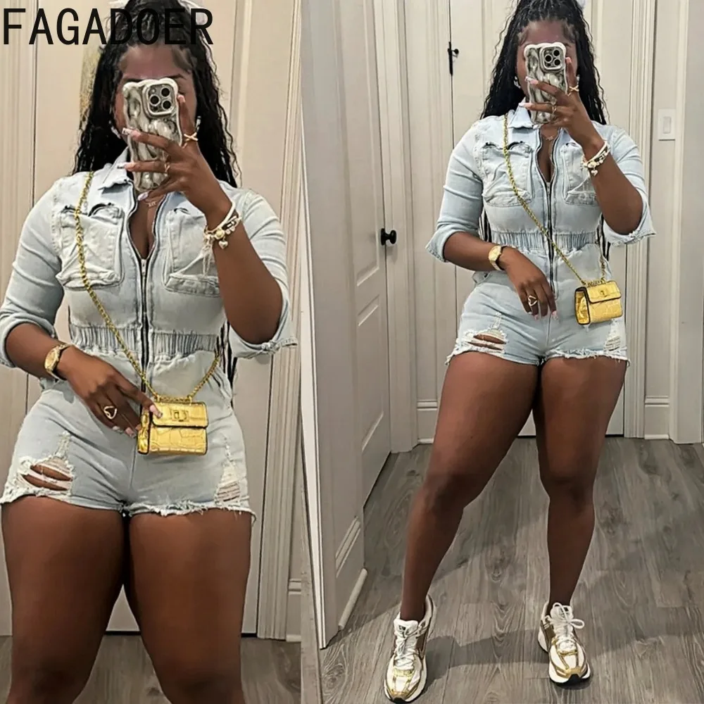 

FAGADOER Casual Hole Denim One Piece Rompers Women Zip Cargo Pockets Ruched Patchwork Jean Jumpsuit Female Overalls Streetwear