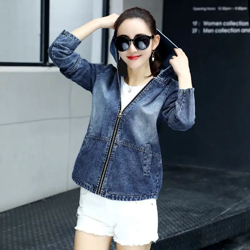 Vintage Denim short coat women 2024 spring and autumn new Korean long sleeve loose thin hooded student jeans jacket tide T424