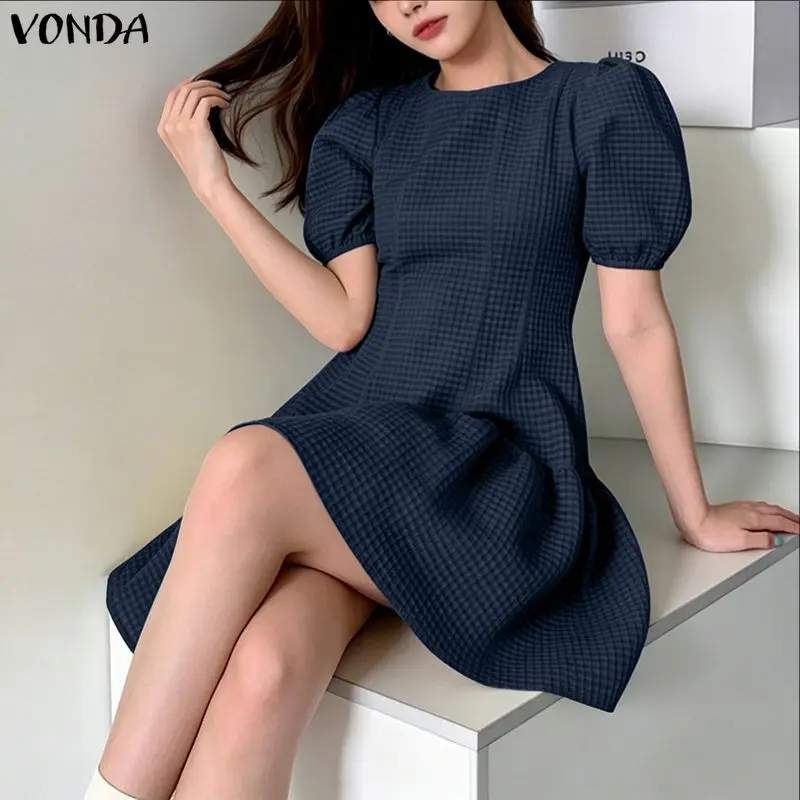 VONDA Women Summer Dress Bohemian Short Puff Sleeve Sundress A-Line O Neck Casual Party Vestidos Fashion Loose Robe Femme