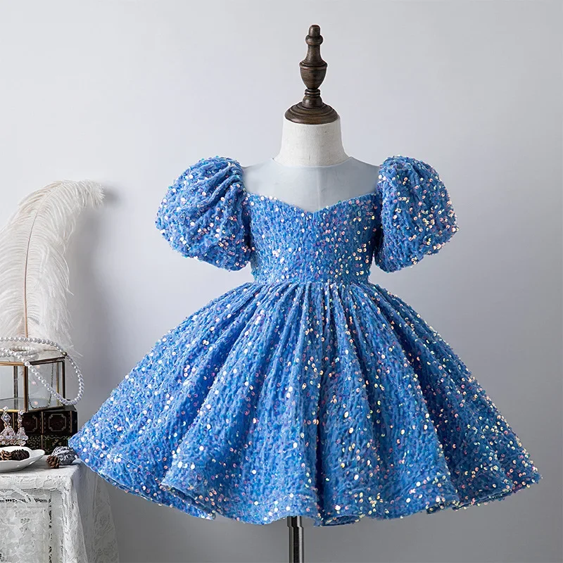 

Children's Princess Dress for Wedding and Brithday 1 To 12 Year Old Fluffy Sequin Puff Sleeve Dress Flower Girl Elegant Catwalk