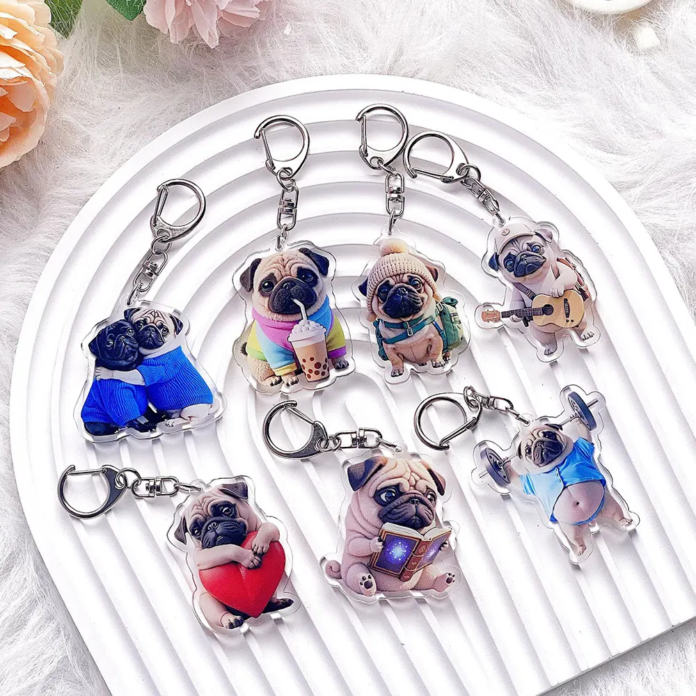 7PCS Llaveros de acrílico con diseño de perro Pug de dibujos animados, accesorios divertidos para bolsos, colgantes creativos para mochilas, regalos para amigos