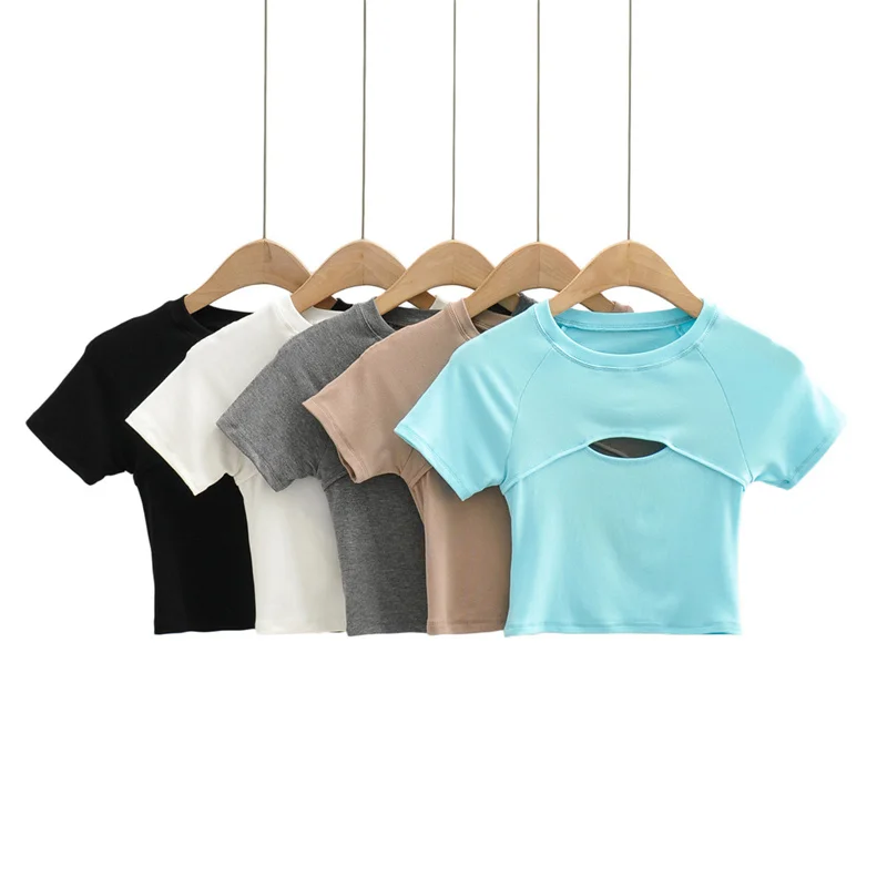 تي شيرت نسائي عصري بتصميم مفتوح من الأمام وظهر مكشوف، بأكمام قصيرة وخصر مرتفع، بنمط حلو وجريء وحار