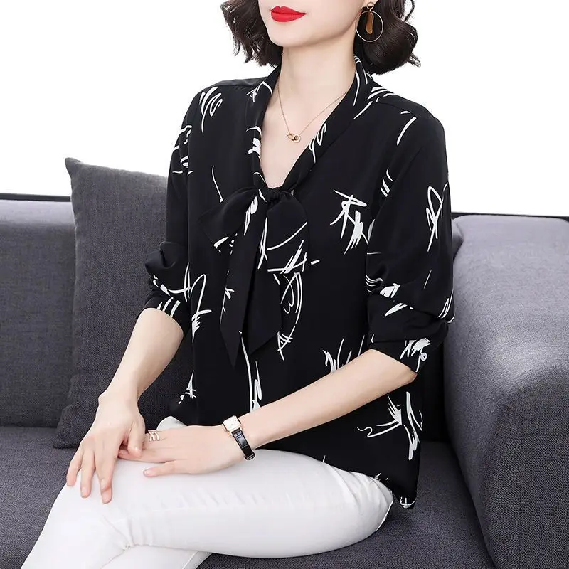 Vintage Fashion Printed Shirt Female Clothing Elegant Scarf Collar Bow 2023 New Spring Autumn Long Sleeve Commute Loose Blouse