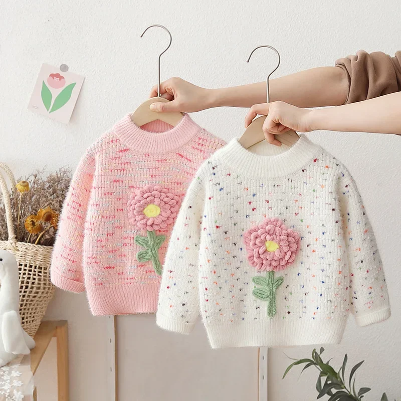 

2024 Colorful Spot Baby Girl Sweater Furry 3D Flower Princess Pullovers Super Nice Appliques Children Sweaters for Girls B28