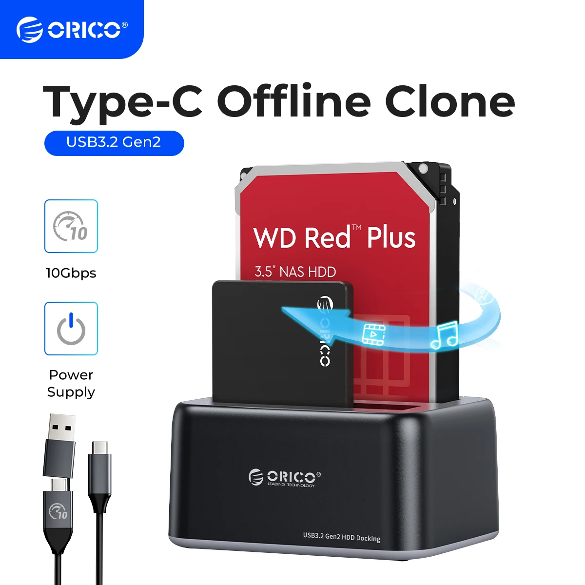 ORICO Hard Drive Docking Station 2.5/3.5 Inci SATA Ke Type-c USB3.2 10Gbps Gen2 HDD Case dengan Offline Clone 12V3A Power Supply