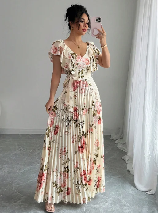 

Women's Beige Floral Pleated Maxi Dress Ruffled Short Sleeve V-Neck Belted Gown Elegant Party Dress For Dating & Evening Events