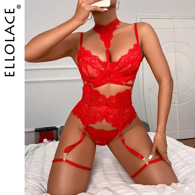 Ellolace roupa íntima sexy lingerie 3 peças sutiã transparente renda terno sexy liga cinto com meias mulher erótica íntima