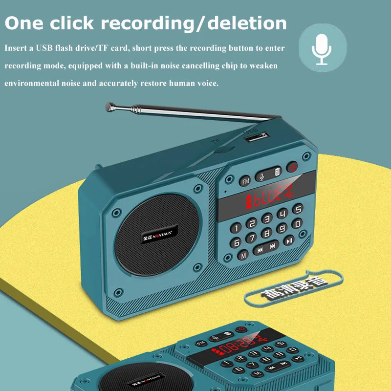 Mini Radio FM portátil, receptor de Radios de alta sensibilidad, altavoz inalámbrico Hifi Bluetooth con micrófono, compatible con grabación, reproducción USB TF
