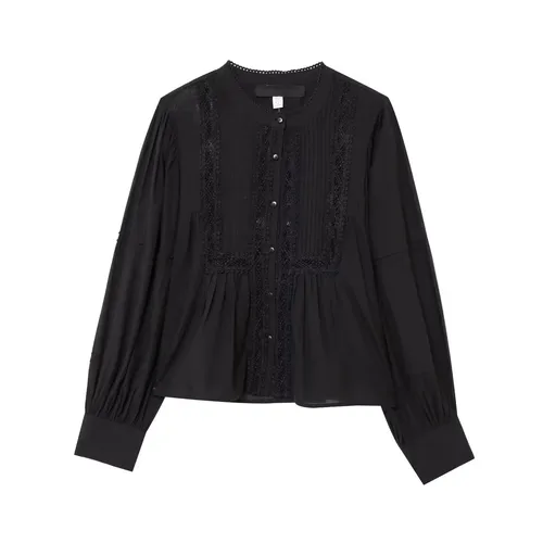 Imagen 2 del producto , camisa recortada holgada de encaje para mujer, cuello redondo, manga larga, blusa informal de Color sólido con una hilera de botones, novedad de verano, Top elegante para primavera