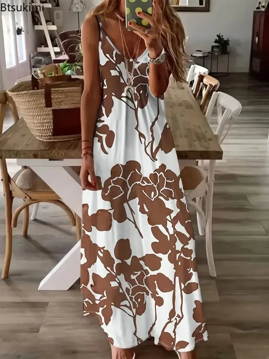 

Summer Women Beach Dress Boho Style Printing Sleeveless Sling Long Dresses Fashion V-neck Backless Loose Casual Maxi Dress Femme