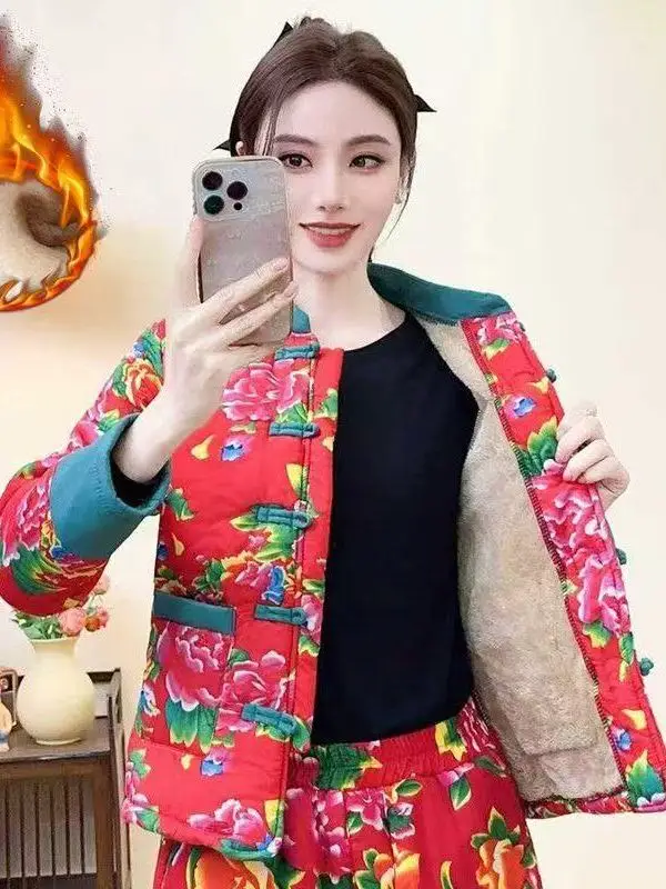 

Northeast Big Flower Winter Fce Lined Warm Cotton Jaet Patchwork Color Blo Retro Buttoned Cotton Clothes for Mom