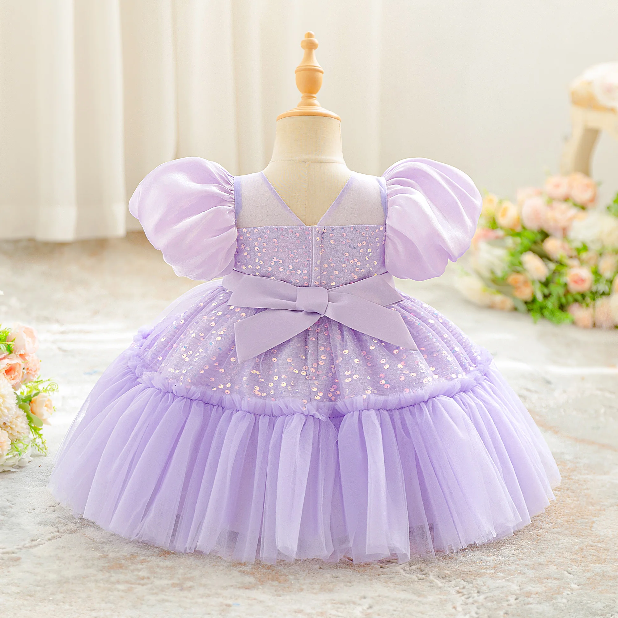 Toddler Sequin Party Baby Girls Dress Puff Sleeve Infant 1st Birthday Wedding Princess Dresses Tulle Bridesmaids Evening Costume