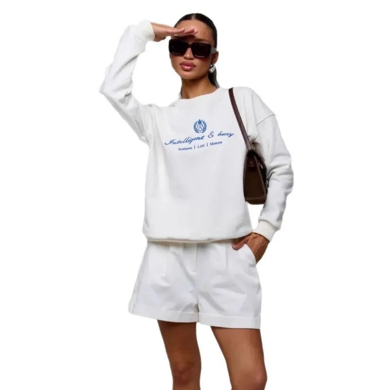 Hot Selling Simple Letter Printed Round Neck Off Shoulder Sweatshirt for Women, Loose and Fashionable Versatile Long Sleeved Top