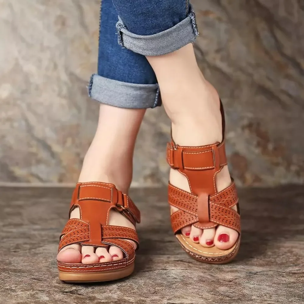 2026 Sommer Damen Keilsandalen Premium Orthopädische Offene Zehen Sandalen Vintage Rutschfeste Leder Freizeitschuhe Damen Plateau Retro Schuhe – Detail 15